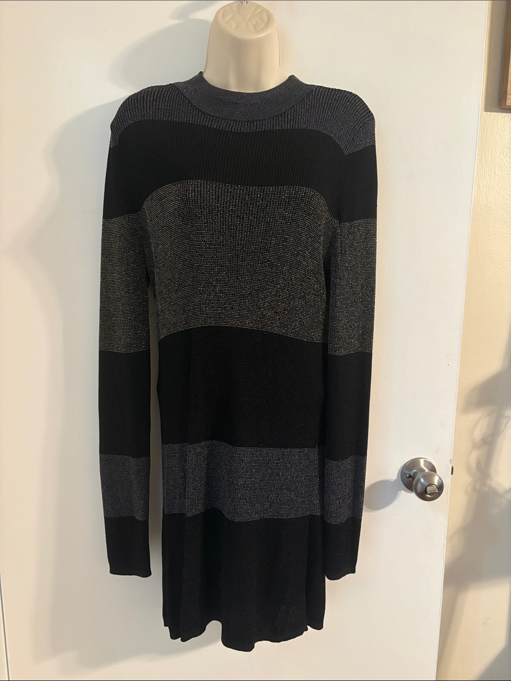 White House Black Market Black & Charcoal Striped Knit Tunic